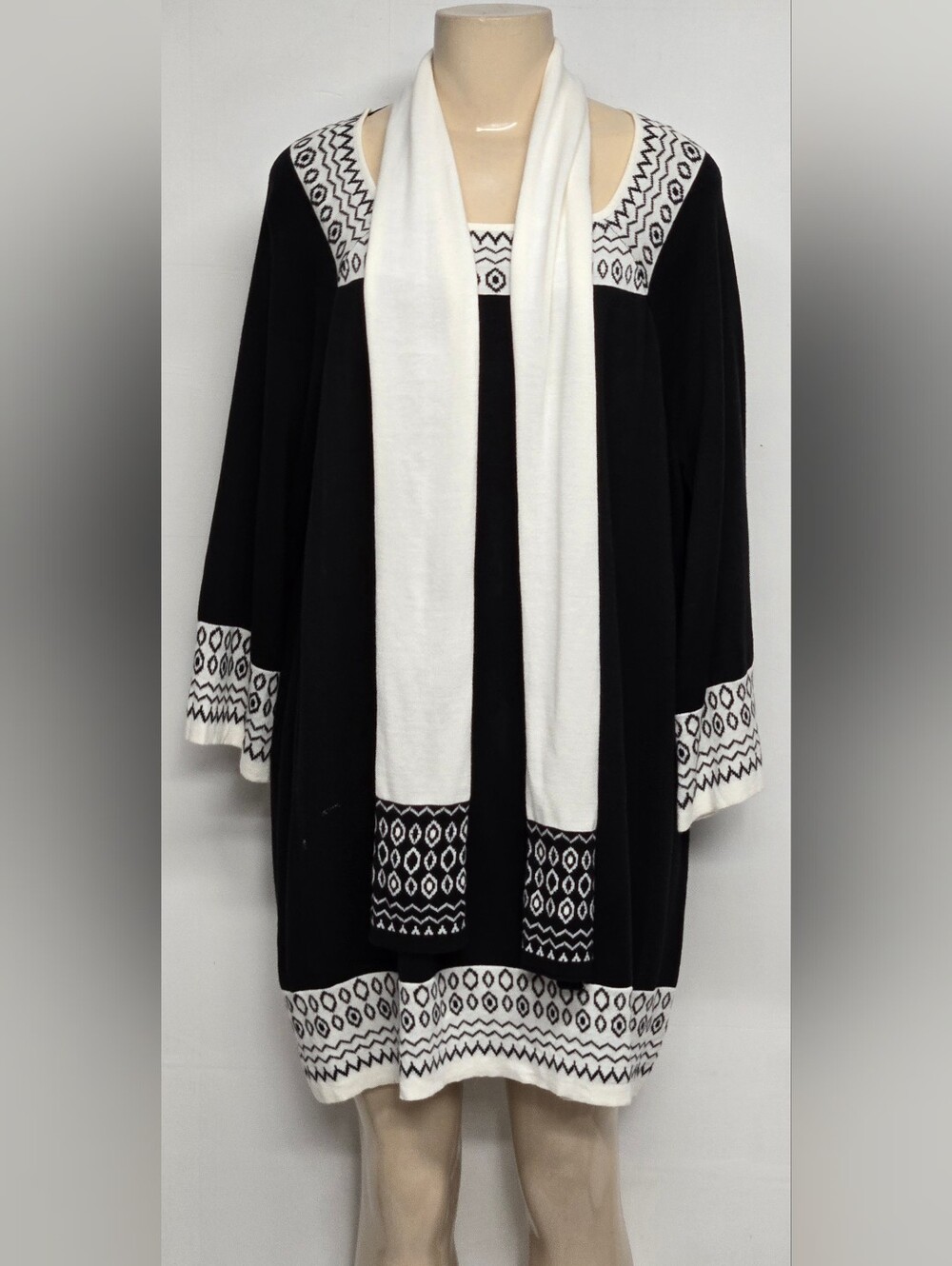 Style & Co 1X Pullover Sweater Dress With Scarf Cotton Acrylic Knit Zig Zag